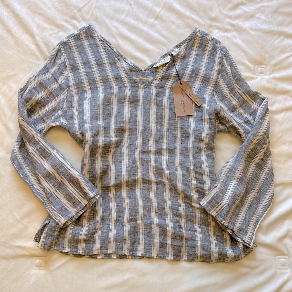 Christian Siriano 100% Linen Striped 3/4 Sleeve Top